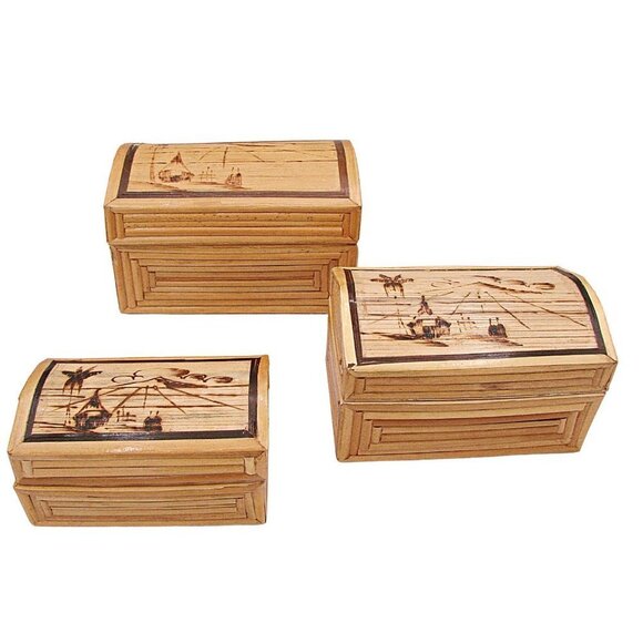 Vintage Asian Theme Woven Bamboo Nesting Boxes Red Velvet Lined with Hinged Lids - Picture 1 of 11
